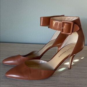 Audrey Brooke Tan Pointed-Toe Ankle-Strap Pumps